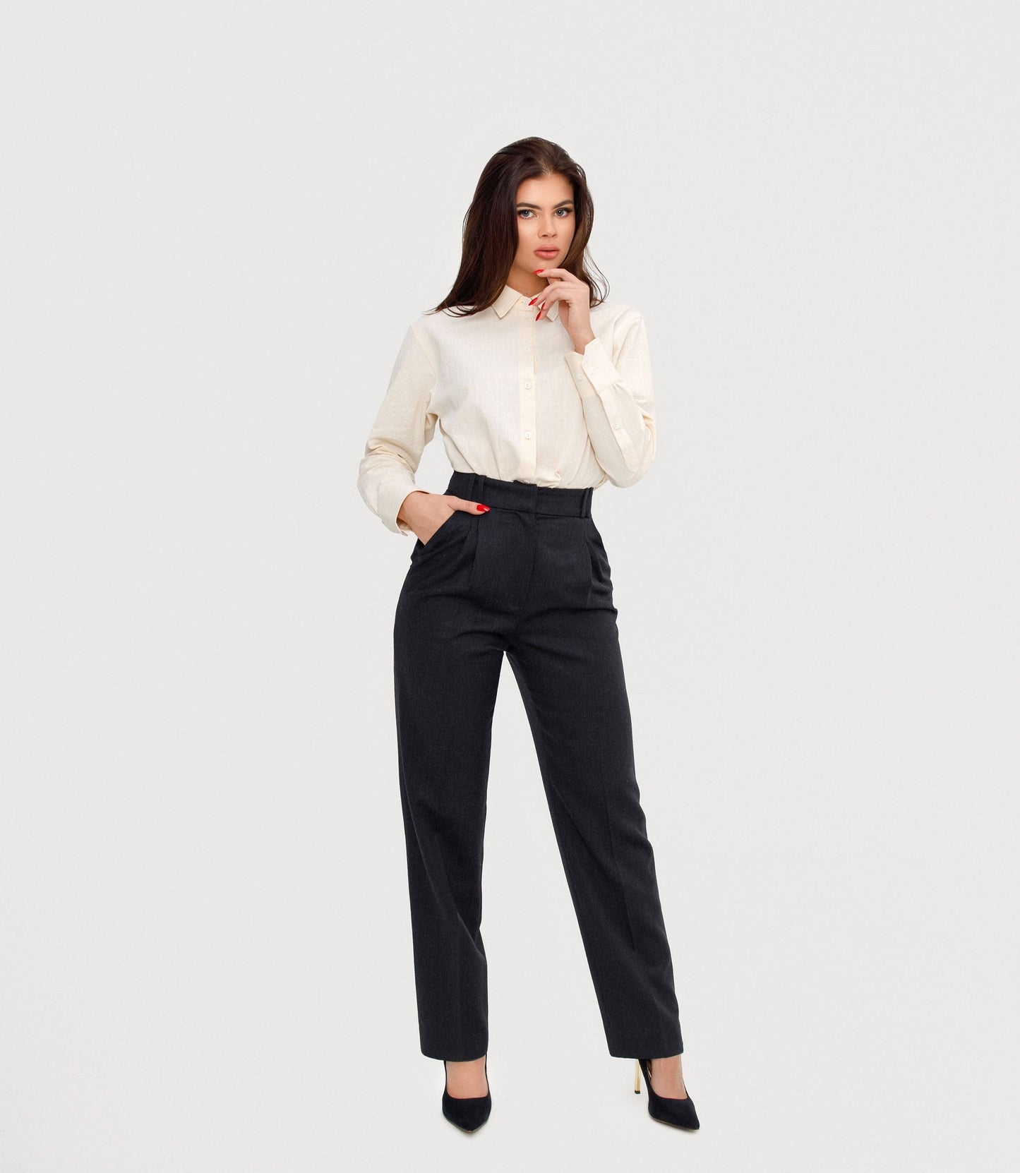 wool-straight-high-waisted-pants-in-grey-with-embroidered-logo-slow-fashion-premium-quality